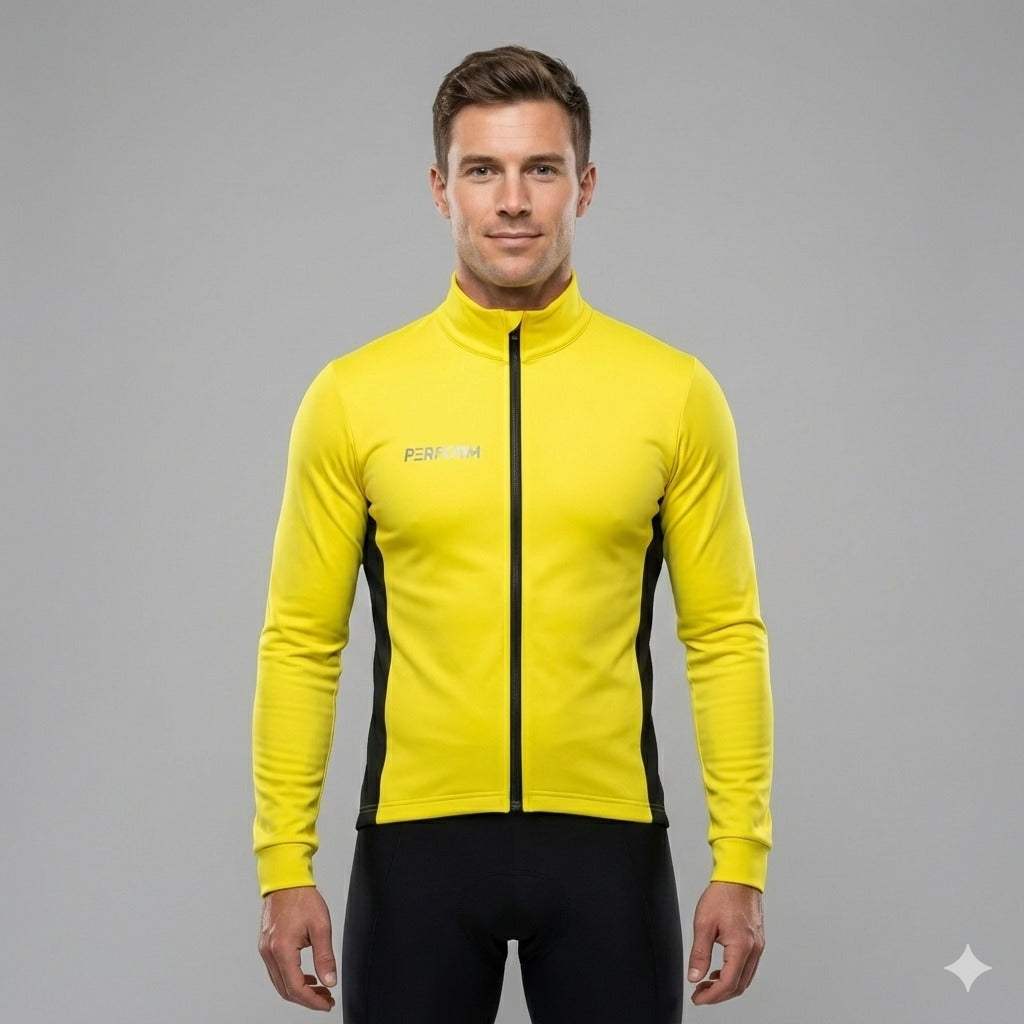 Man wearing bright yellow TechBoost Cycling Jacket with black side panels against gray background