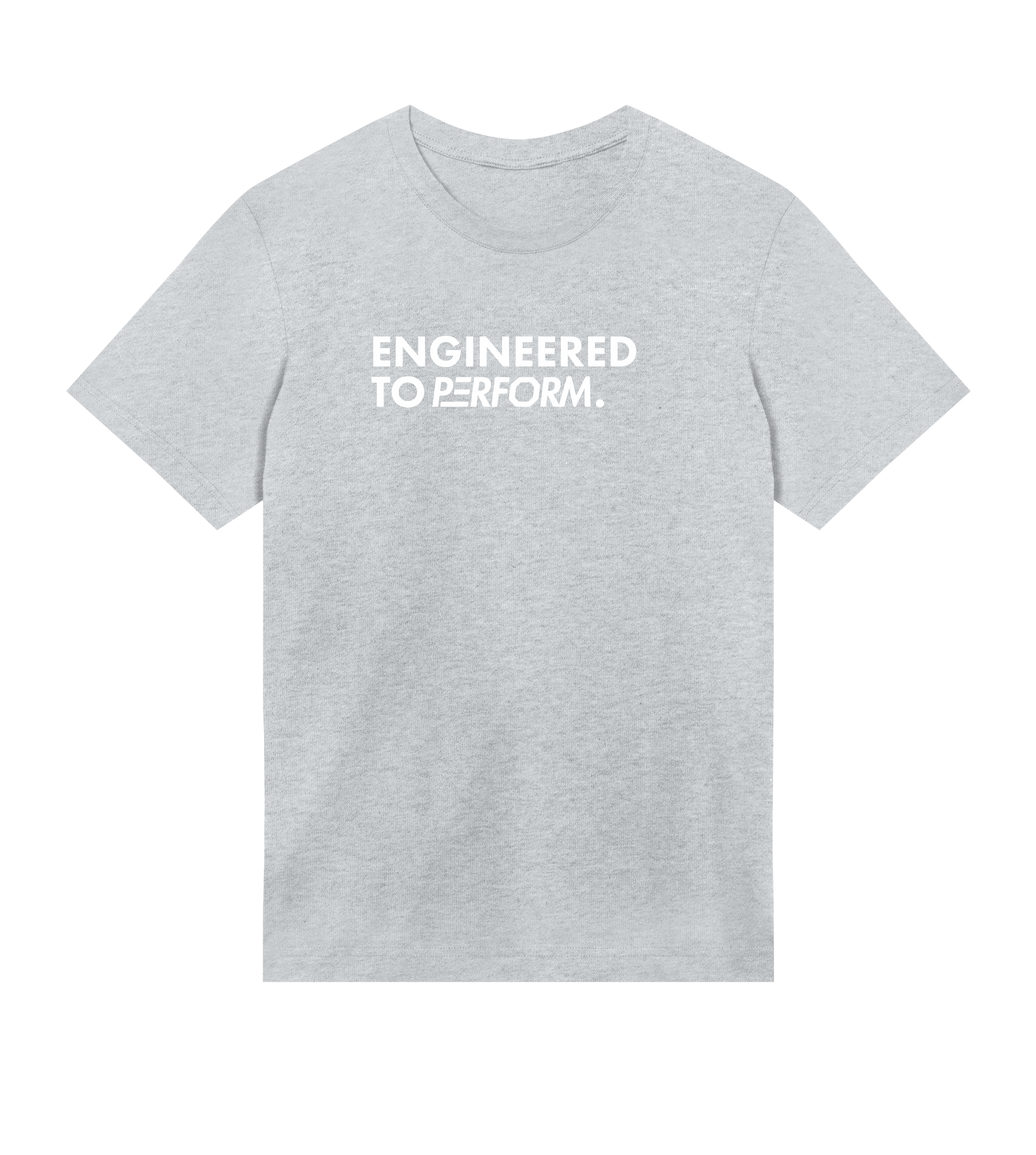 Off Duty T-shirt in grey with "Engineered to Perform" text, made from 100% organic cotton, for casual wear.
