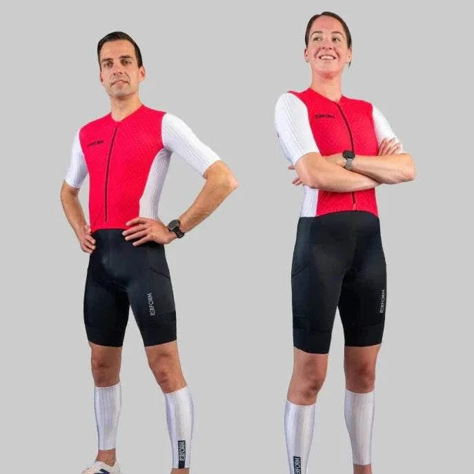 TechBoost FastSuit in raspberry and white, modeled by male and female athletes, designed for speed and comfort with aerodynamic materials and fit