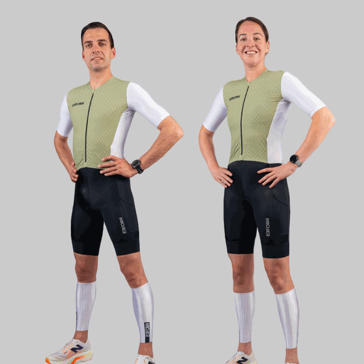 Men and women wearing sage and white Techboost FastSuit triathlon suits with aerodynamic design and black shorts