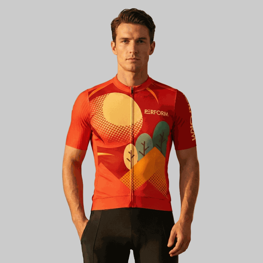 Man wearing TechBoost Aero Jersey Sunset Trail with nature-inspired orange and yellow design for optimal airflow and fit