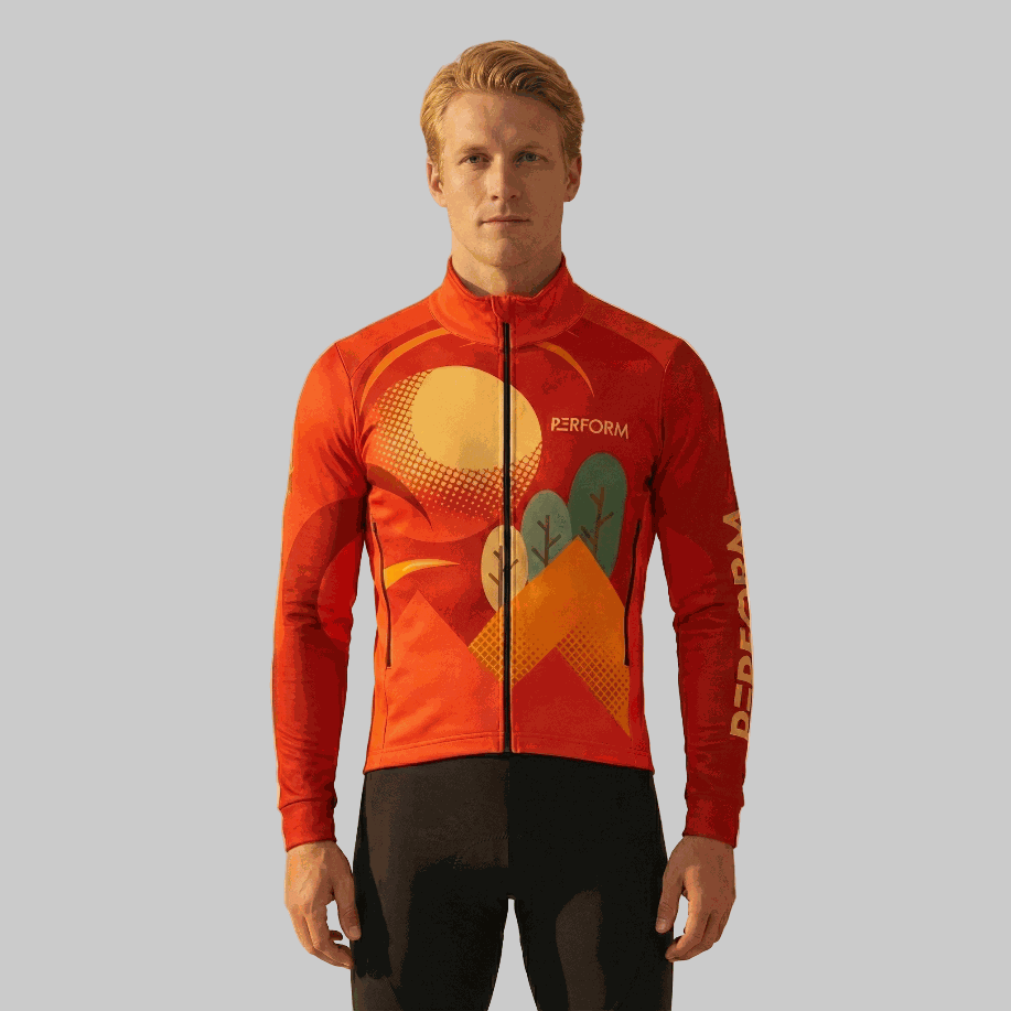 TechBoost Cycling jas Sunset Trail in aardse tinten met grafisch natuurpatroon, wind- en waterdicht, ademend en licht.