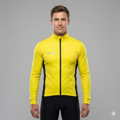Man wearing bright yellow TechBoost Cycling Jacket with black side panels against gray background