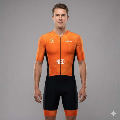 Male athlete wearing orange and black TechBoost FastSuit triathlon suit with NED logo, designed for Dutch Age Grouper triathletes
