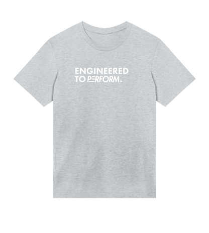 Off Duty T-shirt in grey with "Engineered to Perform" text, made from 100% organic cotton, for casual wear.