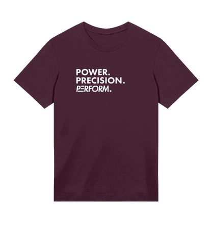 Off Duty T-shirt heren van 100% biologisch katoen met Power Precision Perform tekst, klassieke pasvorm, comfortabel en duurzaam